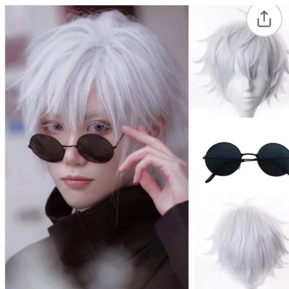 Jujutsu Kaisen Gojo Satoru Cosplay Wig Silver grey short hair Glasses Halloween